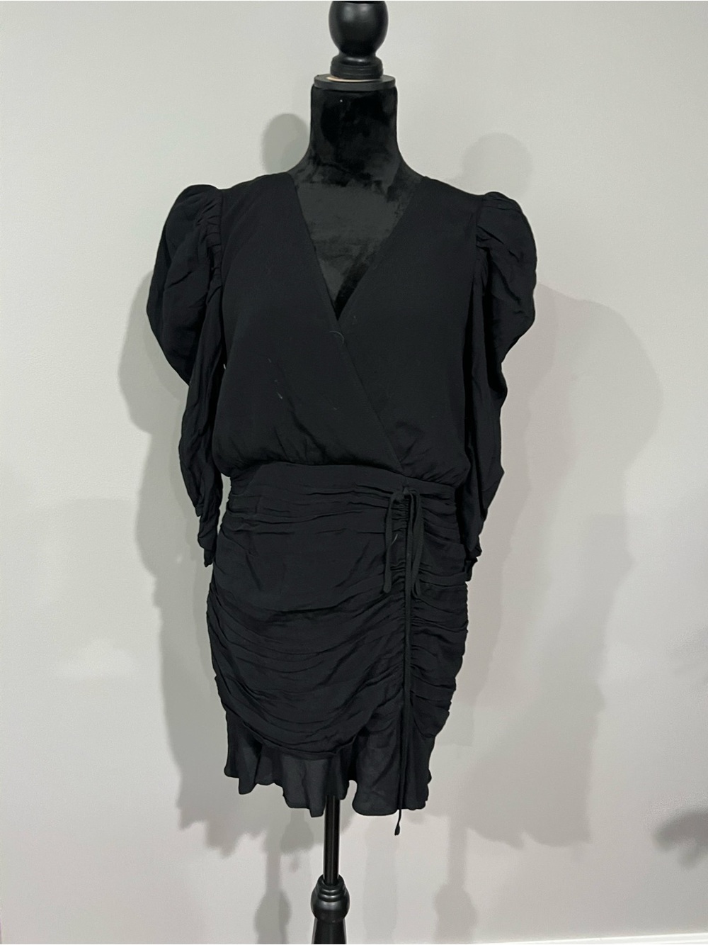 Black Ruched Wrap Mini Dress